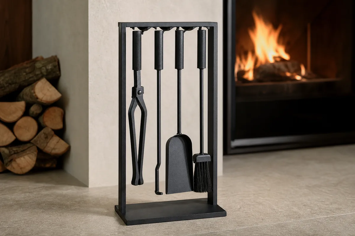 Serviteur de cheminée design en acier noir mat avec tisonnier, pince, pelle et balai, posé près d&rsquo;un foyer dans un salon contemporain