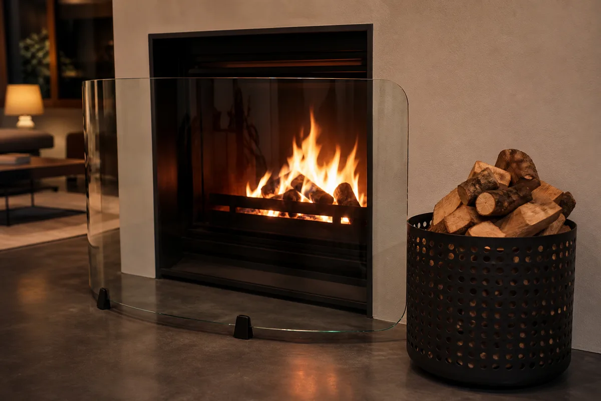 Pare-feu en verre trempé transparent et panier à bûches en métal noir devant une cheminée moderne, bois empilé et flammes visibles