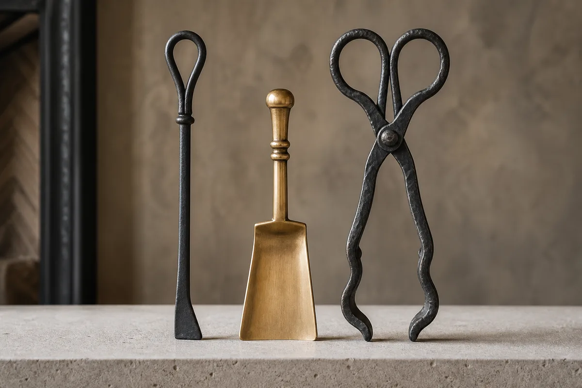 Gros plan sur des accessoires de cheminée en acier noir mat, laiton brossé et fer forgé posés côte à côte, textures des métaux visibles