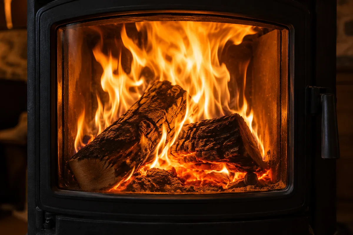 Vitre de poêle à bois propre derrière de belles flammes vives