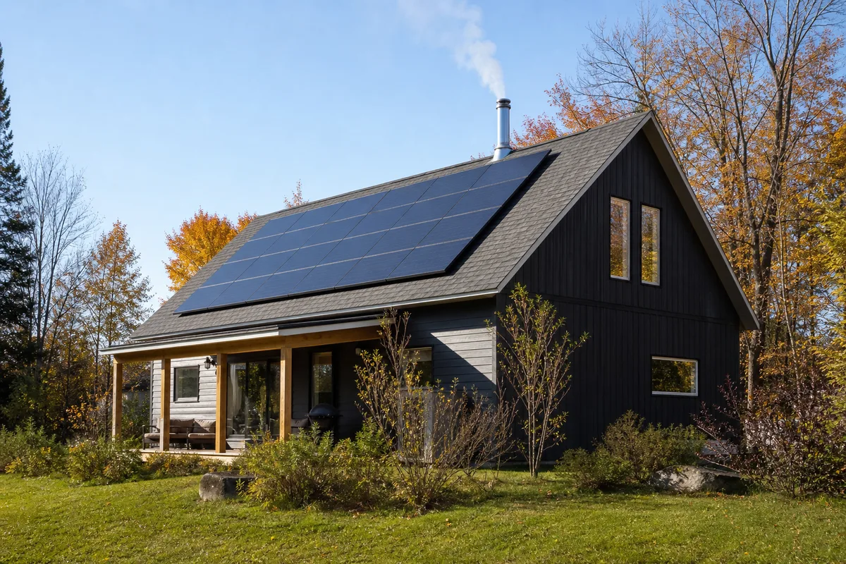 Maison individuelle avec panneaux solaires en toiture et fumée s&rsquo;échappant d&rsquo;un conduit de poêle à bois, lumière d&rsquo;automne
