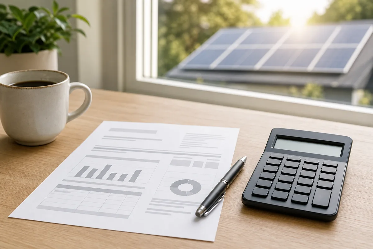 Facture d&rsquo;énergie et calculatrice posées sur une table en bois, panneaux solaires visibles par la fenêtre en arrière-plan