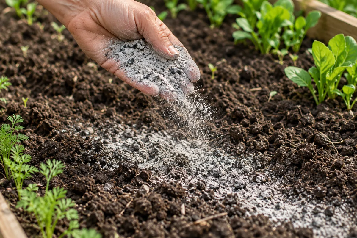 Main saupoudrant un voile de cendre grise sur la terre d&rsquo;une planche de potager