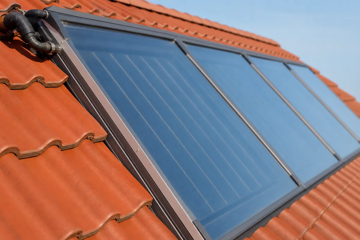 Capteurs solaires thermiques plans intégrés dans une toiture en tuiles d&rsquo;une maison individuelle, ciel dégagé de fin d&rsquo;hiver