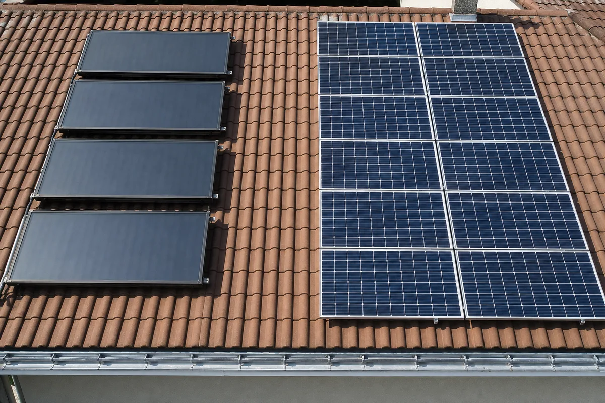 Toiture de maison combinant des capteurs solaires thermiques et des modules photovoltaïques côte à côte, vue en légère plongée