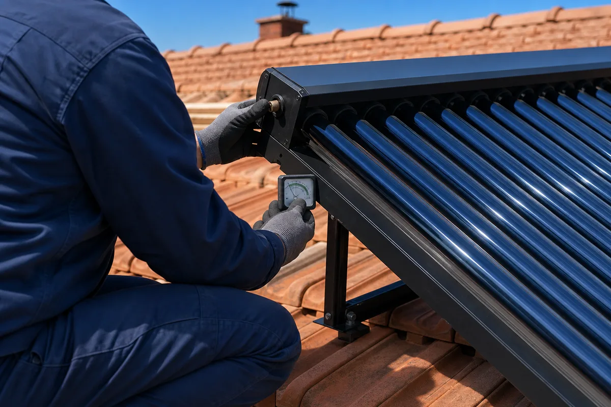 Technicien mesurant l&rsquo;inclinaison d&rsquo;un capteur solaire thermique sur une toiture, gants et niveau à main, vue de trois quarts sans visage net
