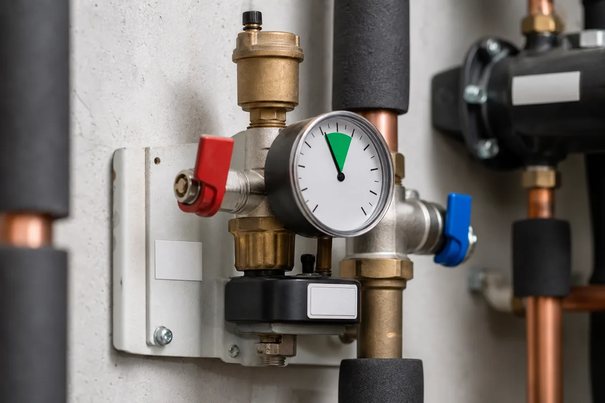 Vue rapprochée d&rsquo;un manomètre et de vannes sur un circuit solaire thermique domestique, tuyaux isolés et étiquettes techniques