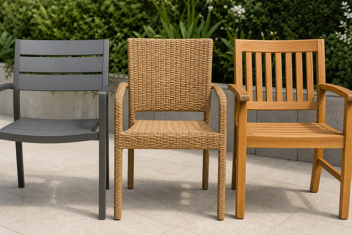 Chaises d’extérieur en aluminium, résine tressée et teck disposées sur une terrasse en bois, textures des matériaux visibles
