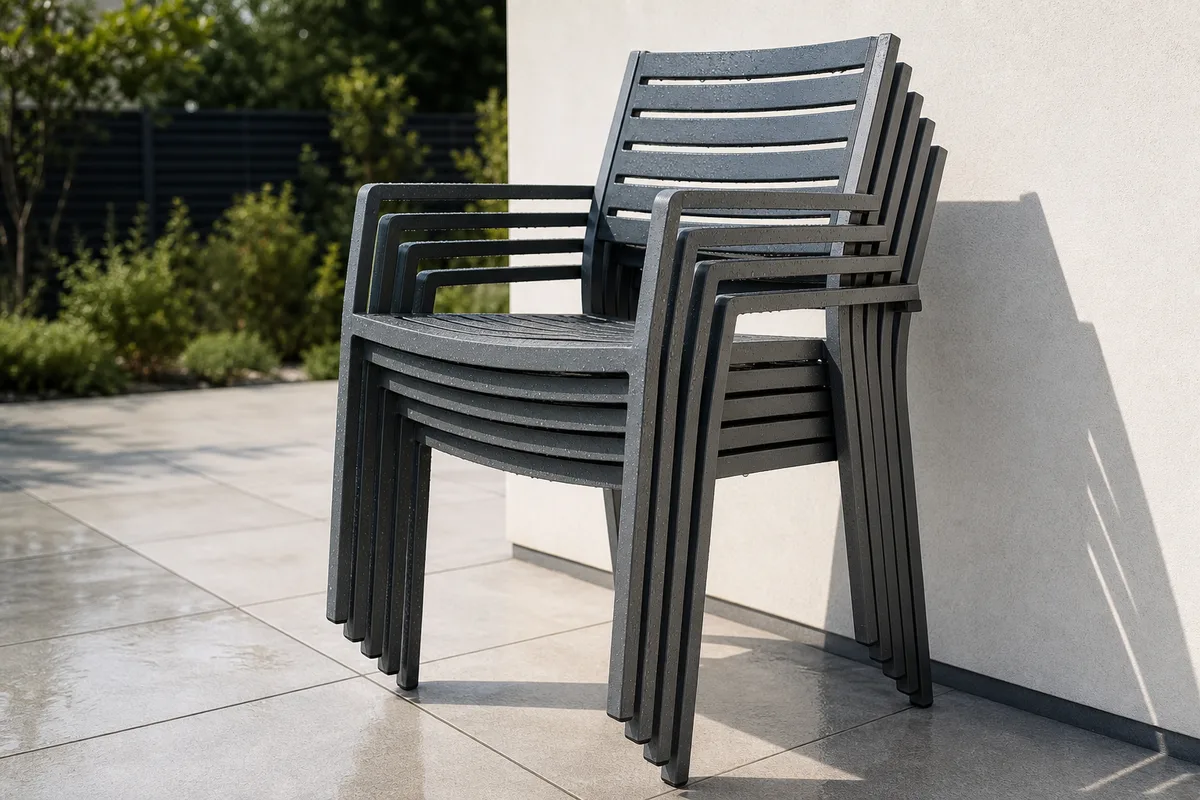 Chaises de jardin en aluminium empilées contre un mur clair, mobilier de terrasse rangé et prêt pour la saison