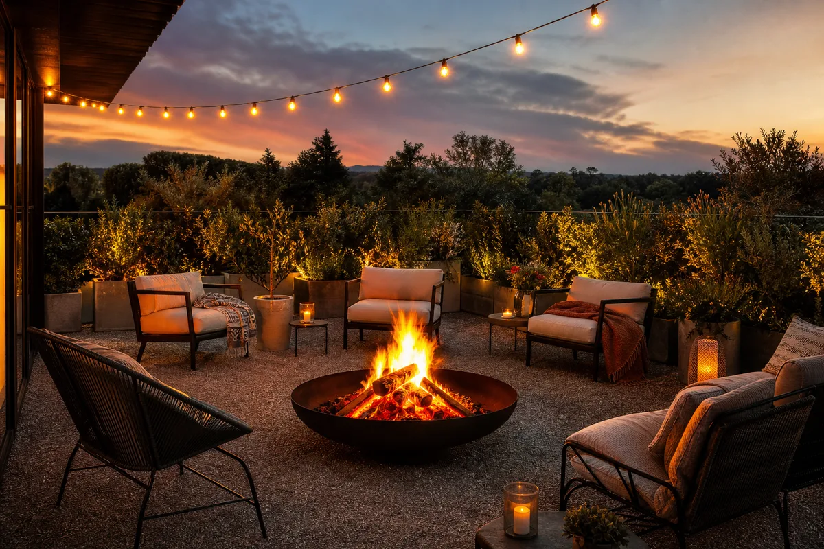 Chaises basses et confortables disposées autour d’un brasero sur une terrasse en soirée, ambiance chaleureuse