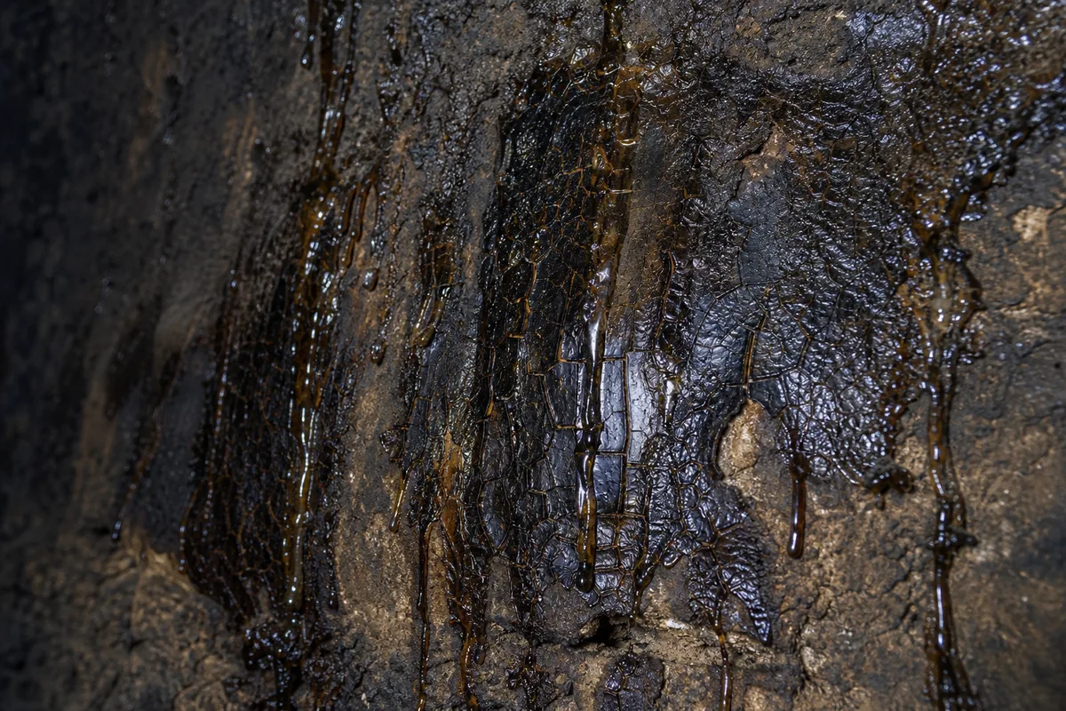 Paroi intérieure d&rsquo;un conduit de cheminée tapissée de bistre goudronneux brun et brillant