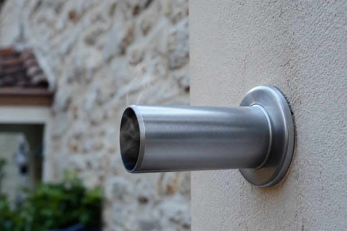 Conduit d&rsquo;évacuation des fumées en inox sur un mur extérieur