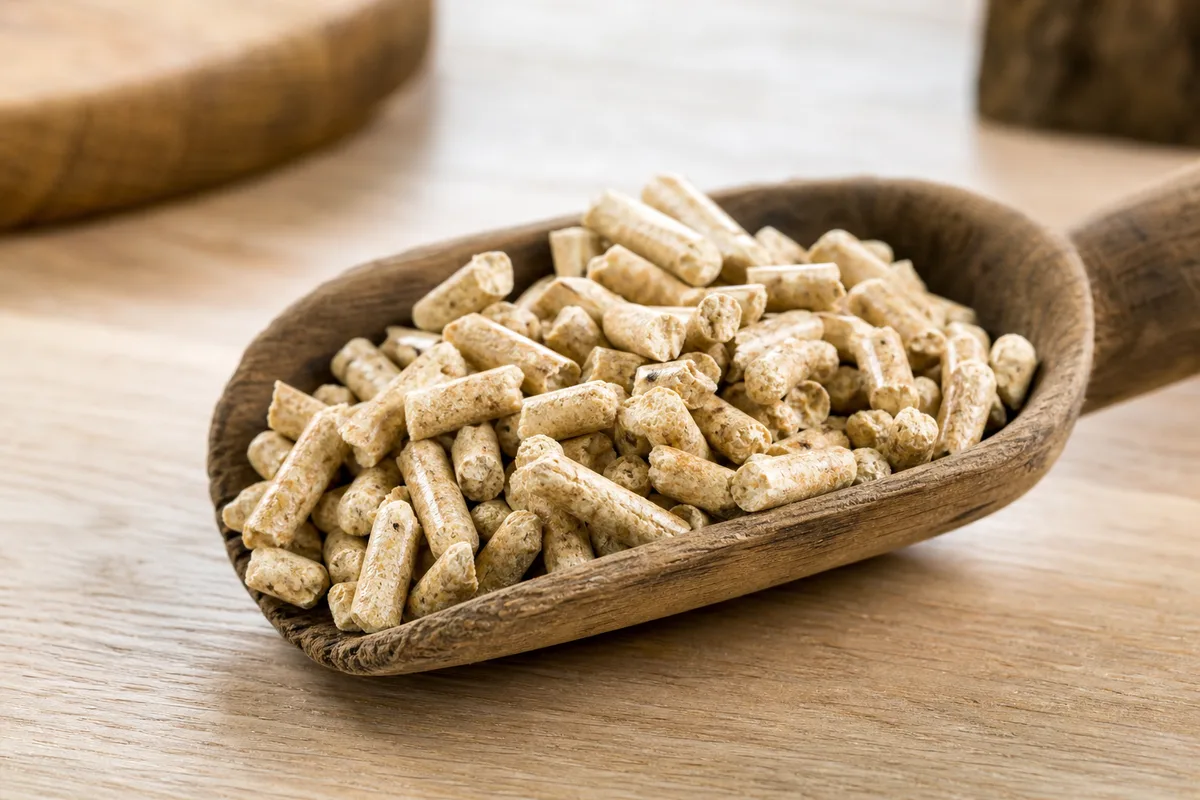 Granulés de bois certifiés dans une pelle en bois, gros plan texture