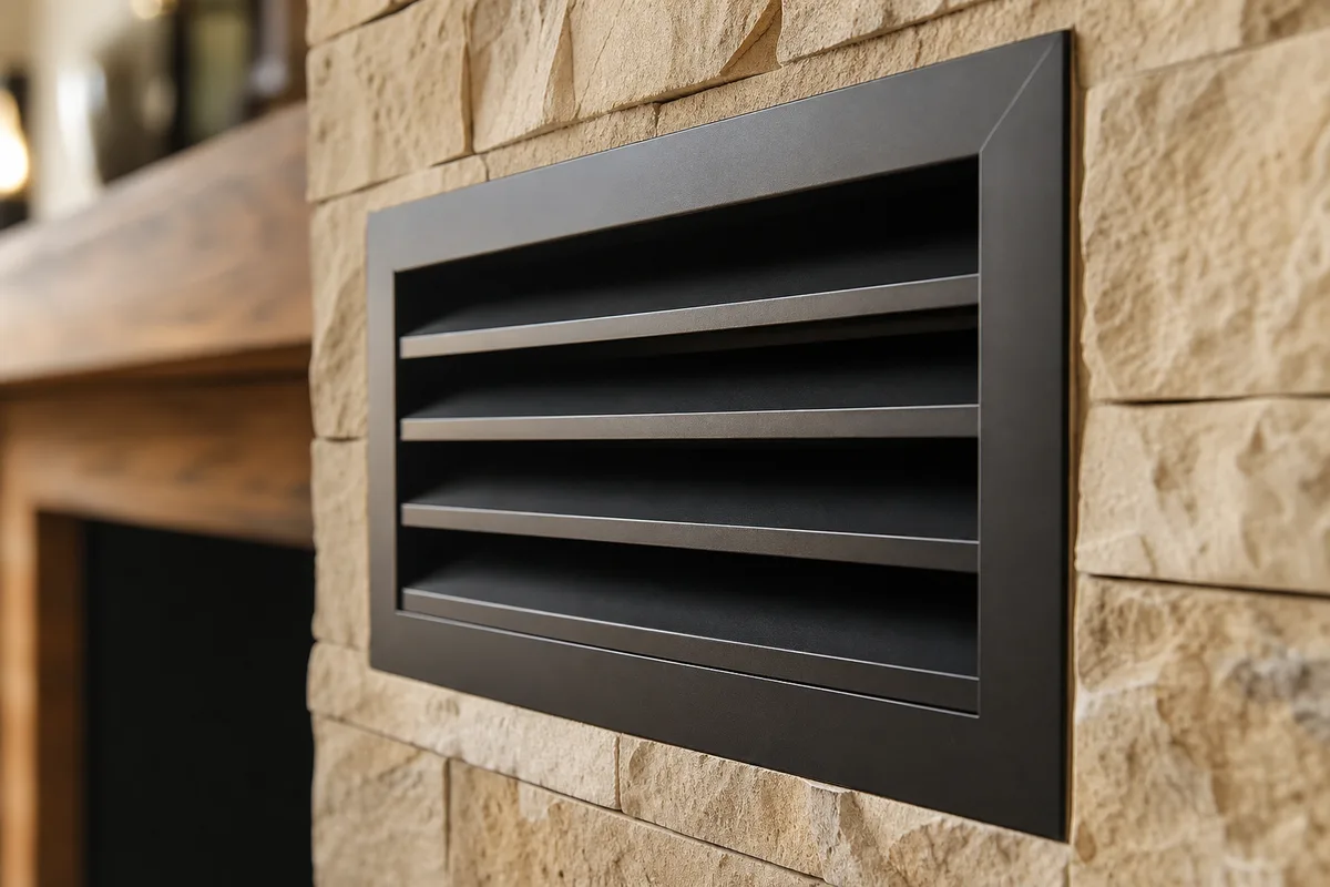 Grille rectangulaire à lamelles en acier noir posée sur un habillage de cheminée en pierre