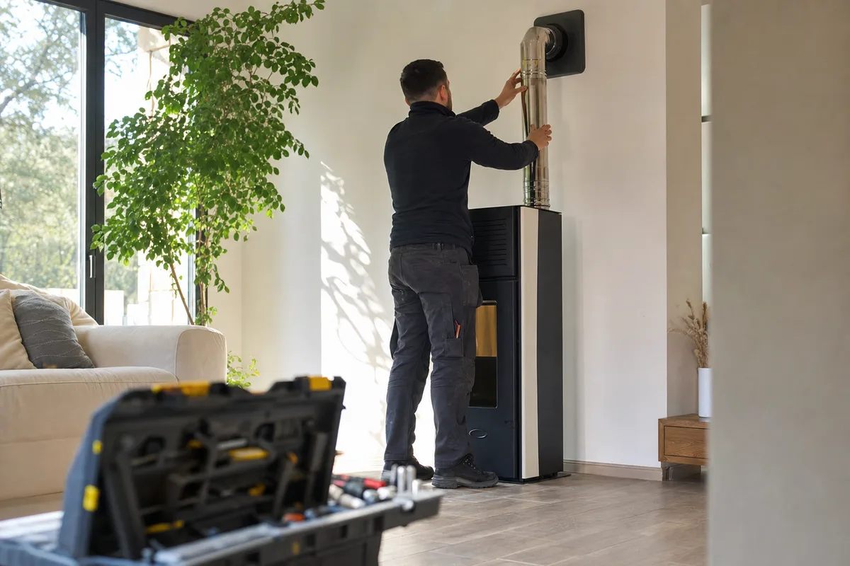 Installateur professionnel posant un poêle à granulés dans un séjour lumineux