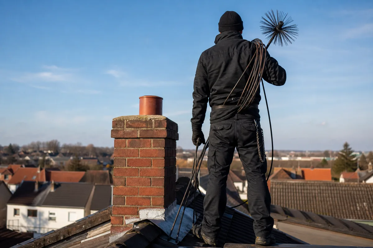 Artisan ramoneur intervenant sur un toit avec ses outils