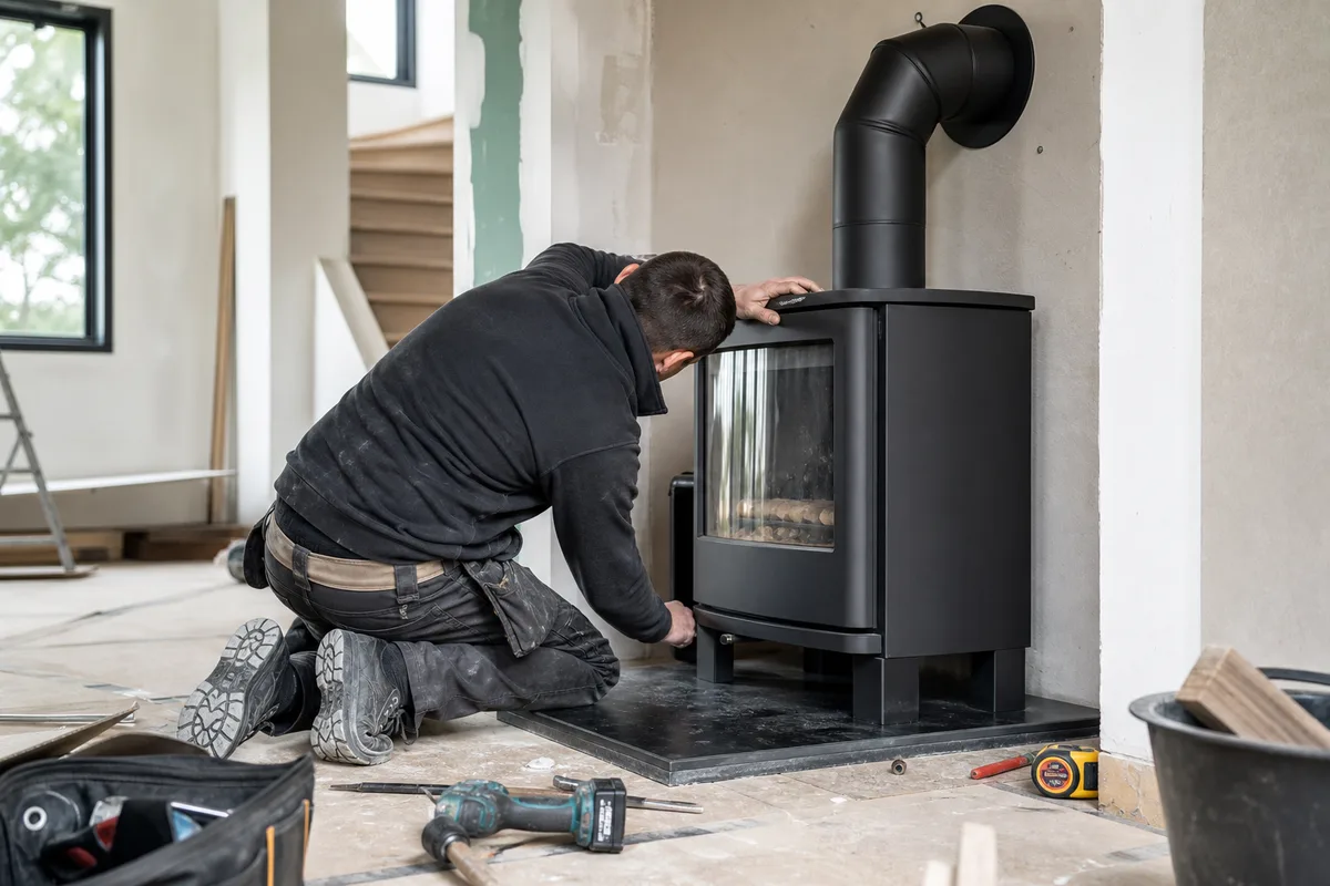 Technicien installant un poêle à bois dans un salon