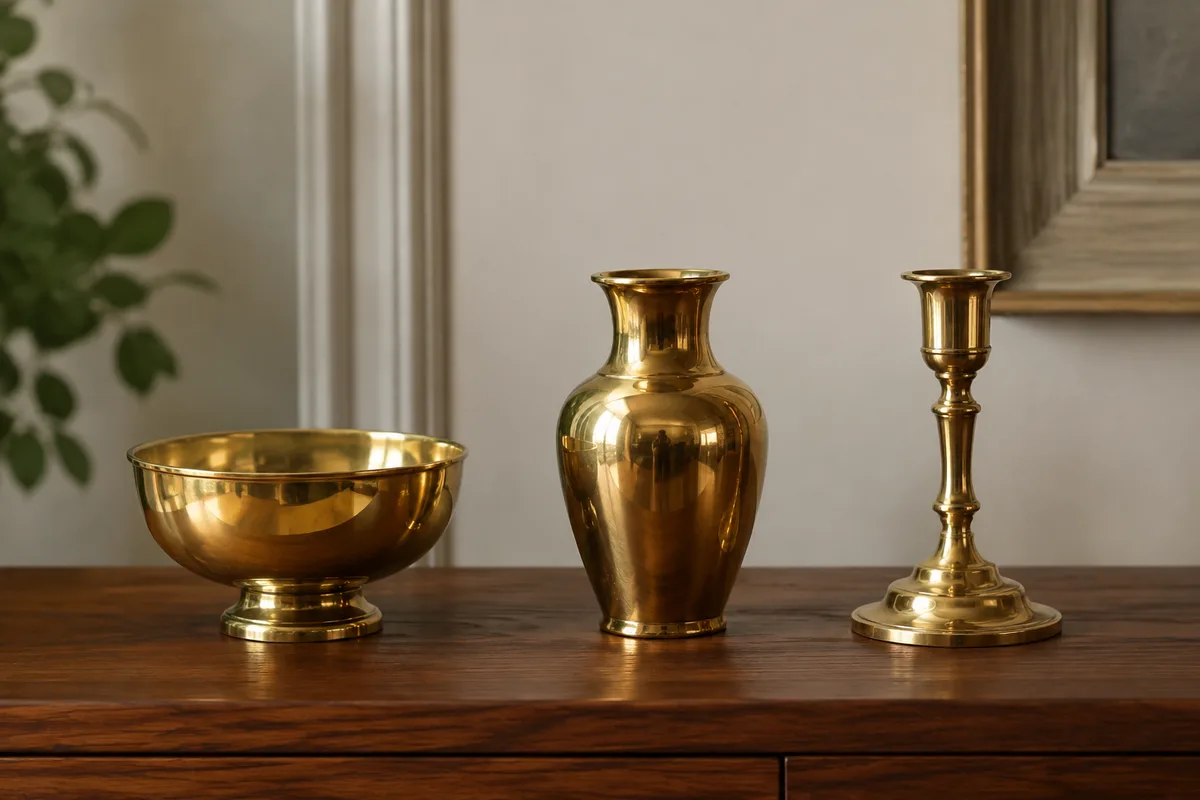 Objets décoratifs en laiton poli disposés sur une console en bois, lumière douce