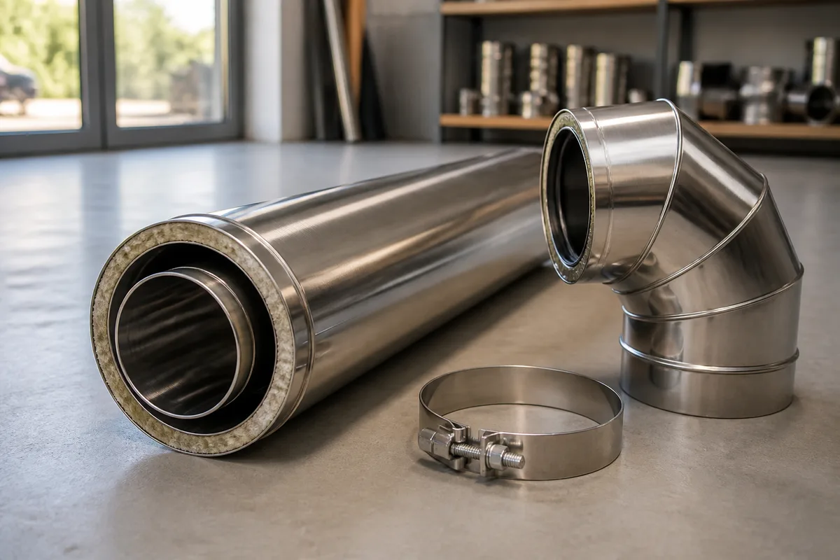 Conduit concentrique double paroi en inox posé au sol avant montage
