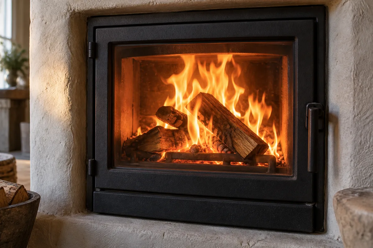 Porte de foyer en fonte d&rsquo;un poêle de masse avec flammes vives