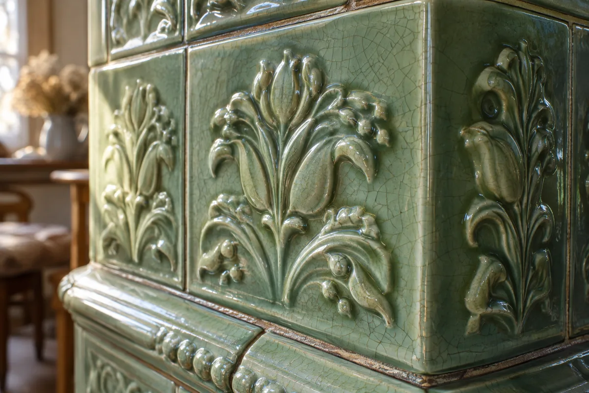 Carreaux de faïence émaillée d&rsquo;un poêle ancien en gros plan