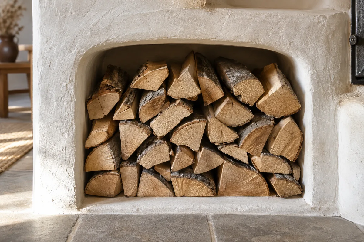 Bûches de hêtre fendues rangées dans une niche maçonnée près du poêle