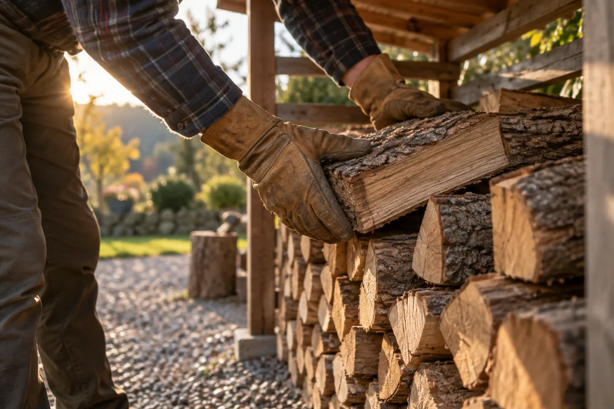 Mains gantées empilant des bûches sous un abri en bois, fin d&rsquo;après-midi