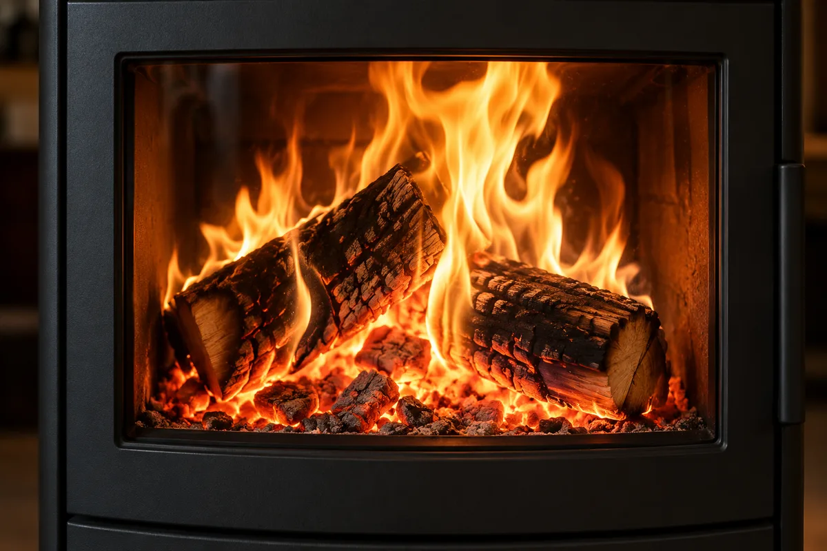 Flammes vives et braises rougeoyantes derrière la vitre propre d&rsquo;un poêle à bois en acier anthracite