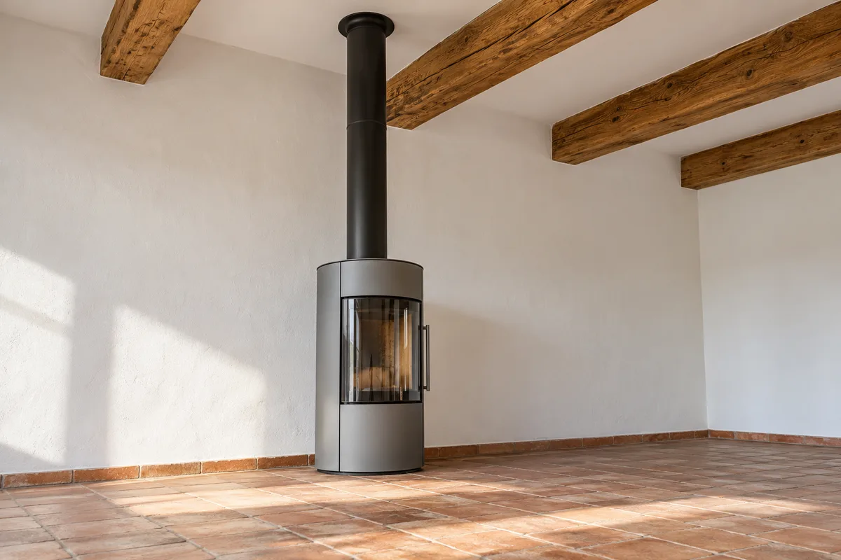 Conduit de fumée en acier noir mat montant d&rsquo;un poêle vers un plafond blanc à poutres apparentes