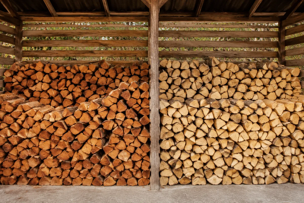 Bûches de chêne et de hêtre empilées sous un abri en bois
