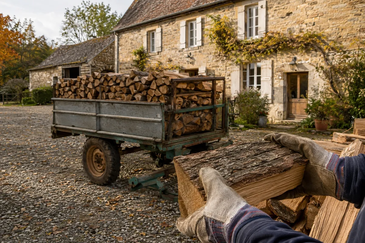 Livraison de bûches sur une remorque devant une maison de campagne