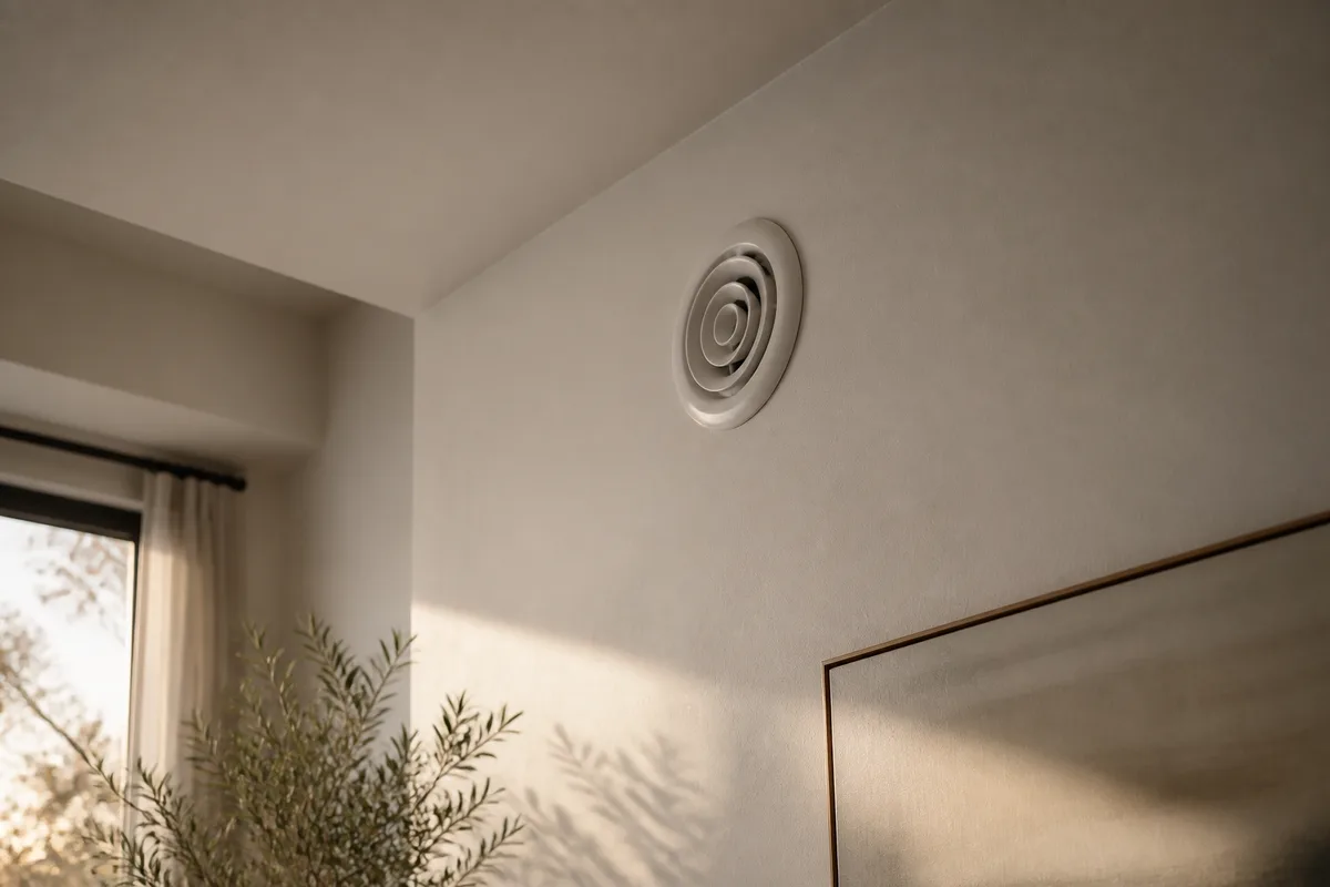 Bouche de diffusion d air chaud encastree en haut d un mur de sejour