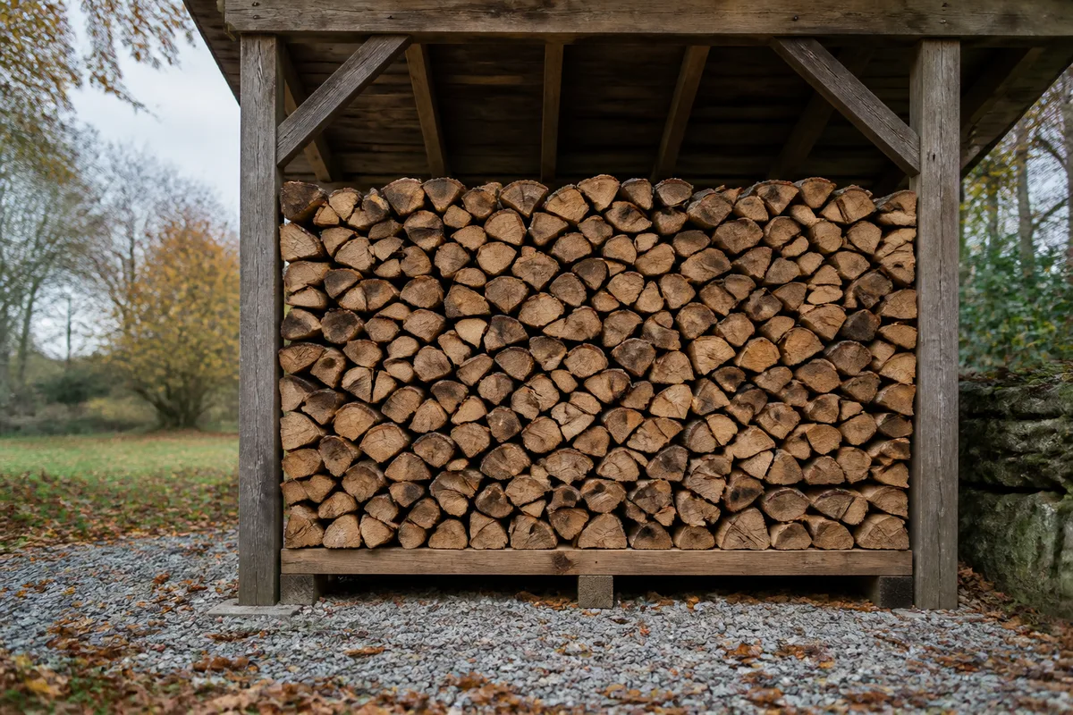 Stere de buches fendues stockees a l abri sous un auvent en bois