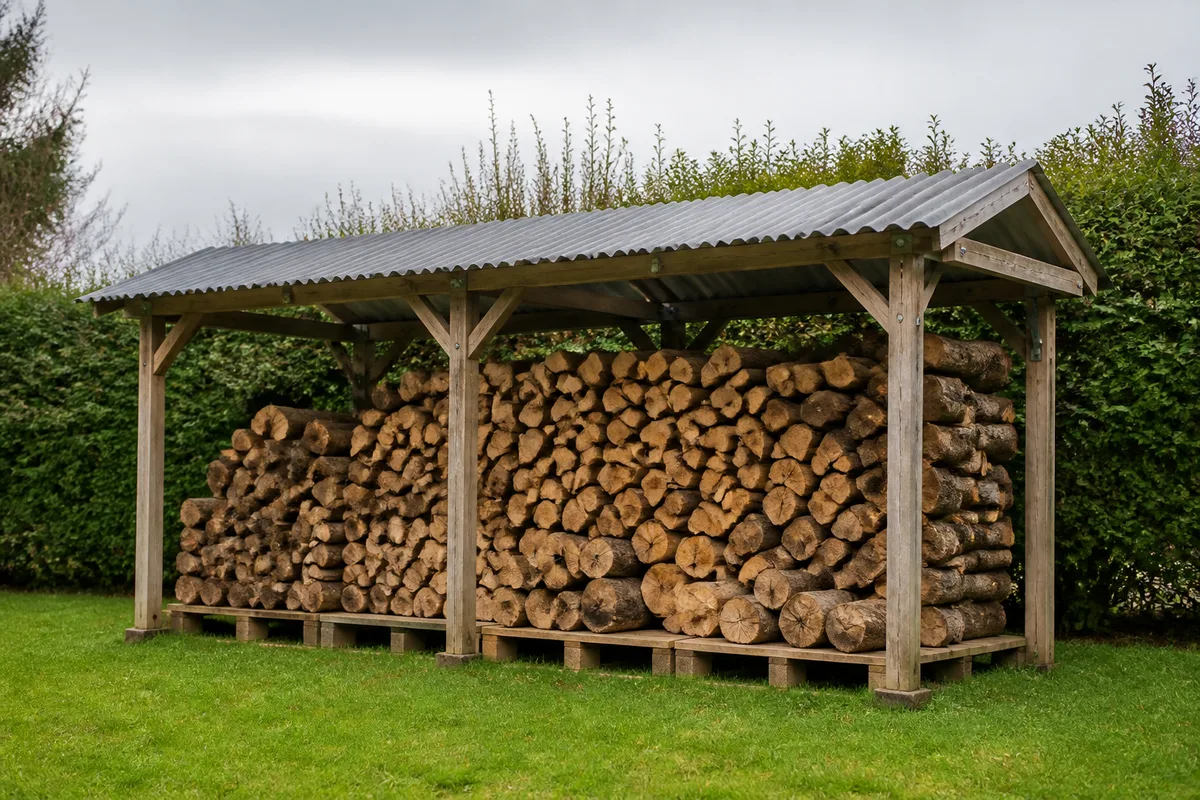 Pile de bûches de chauffage empilées sous un abri en bois ouvert sur les côtés